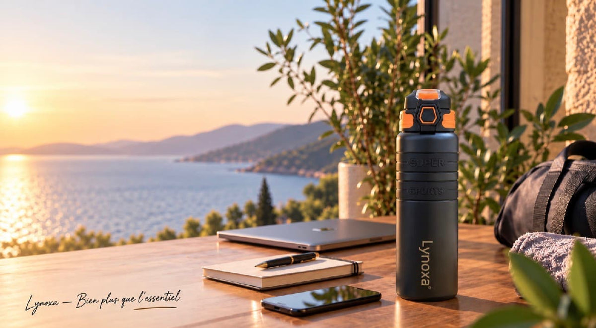 Gourde isotherme Lynoxa 800ml noir orange acier inoxydable 316 sur bureau de travail au coucher du soleil